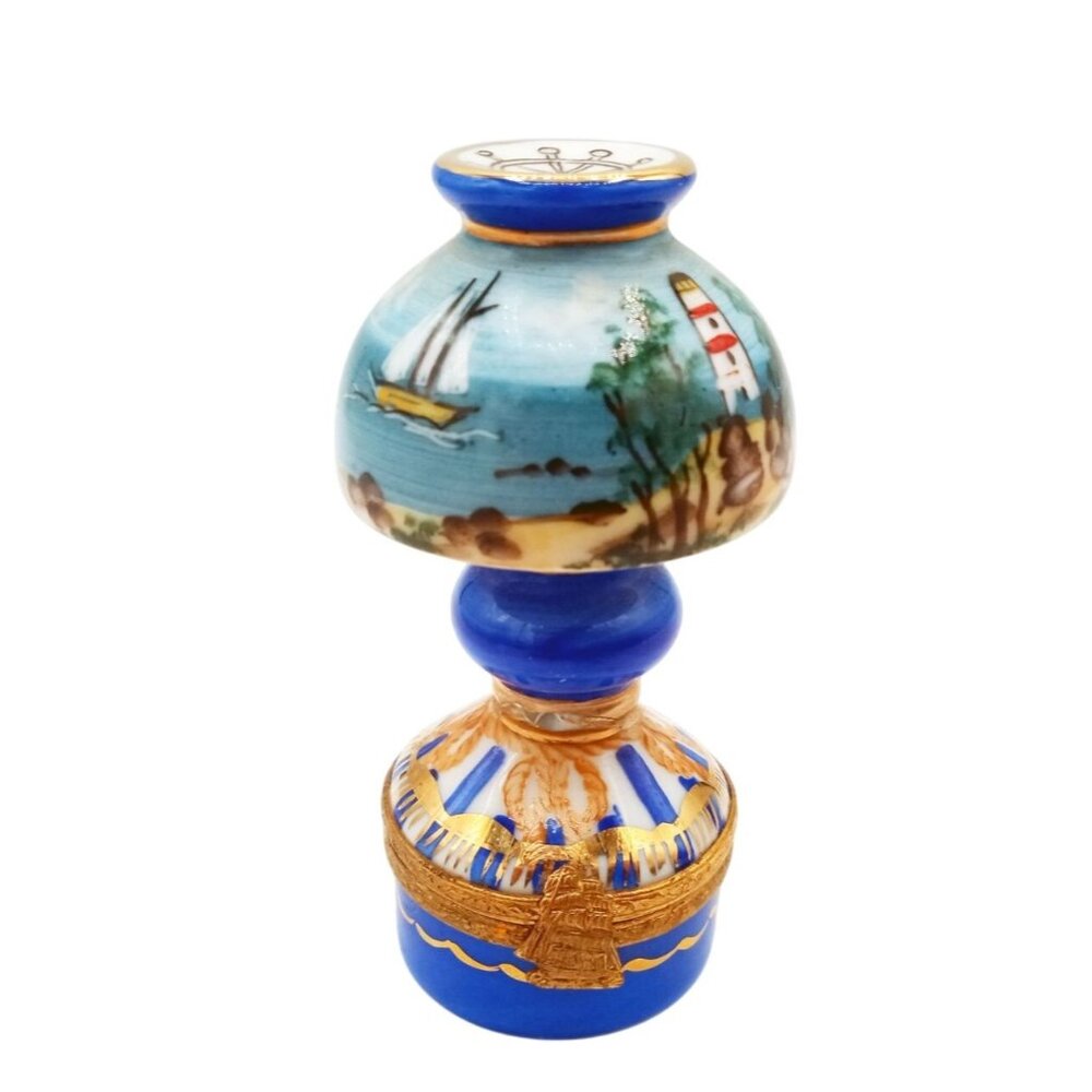Vintage Limoges Trinket Box Table Lamp Sailboat Porcelain 90s France Signed Flaw